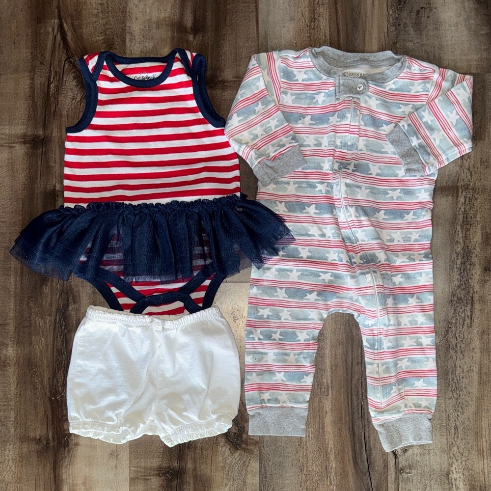 4th of July Baby Girl Bundle — Tutu Dress, Bloomers + Romper PJs, Red White Blue